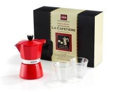 Dárková sada La Cafetière Classic Espresso - moka konvice na 3 šálky + 2 dvoustěnné sklenice na espresso, stříbrná