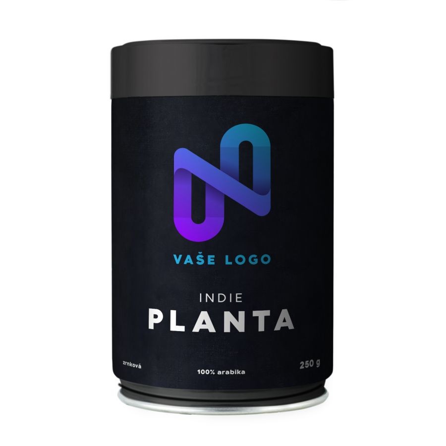 Káva s logem firmy v černé plechovce s celoplošnou etiketou